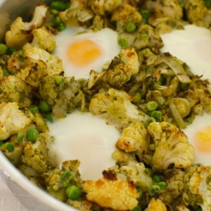 Baked Eggs with Roasted Cauliflower, Peas and Pesto