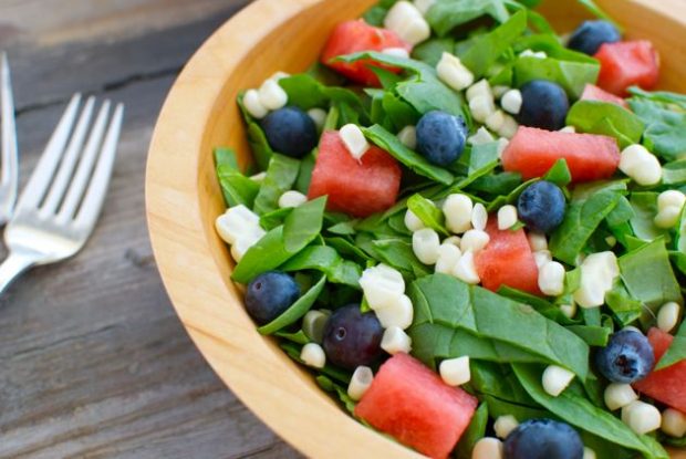 Spinach Salad with Watermelon, Blueberries and Corn