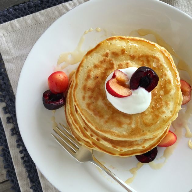 Cardamom Pancakes with yogurt and fresh cherries