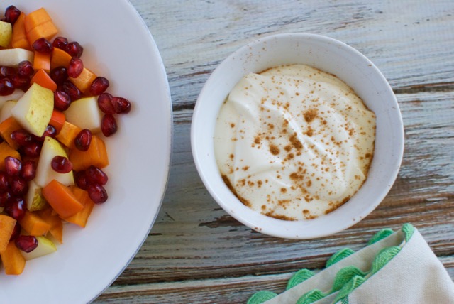 Persimmon, pomegranate and pear salad with maple yogurt dip
